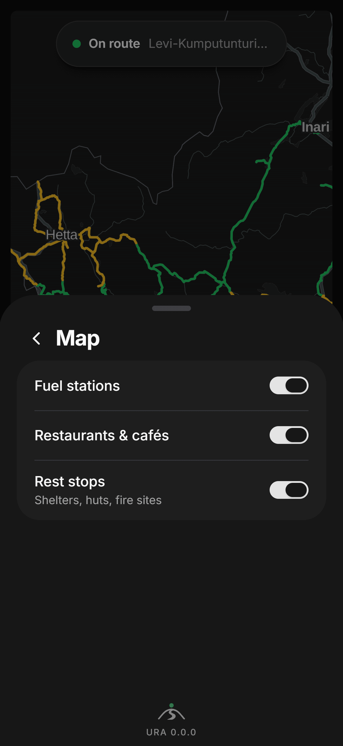 The Map settings page: fuel stations, restaurants and cafés, and rest stops, each a switch.