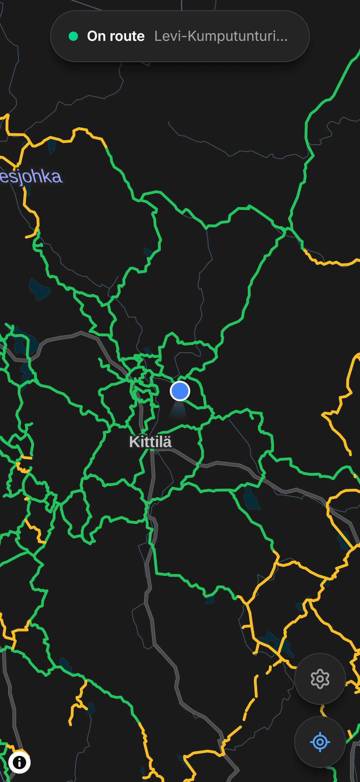 The app on the map: a green “On route” chip above it, the rider on the Levi–Kumputunturi route near Kittilä.