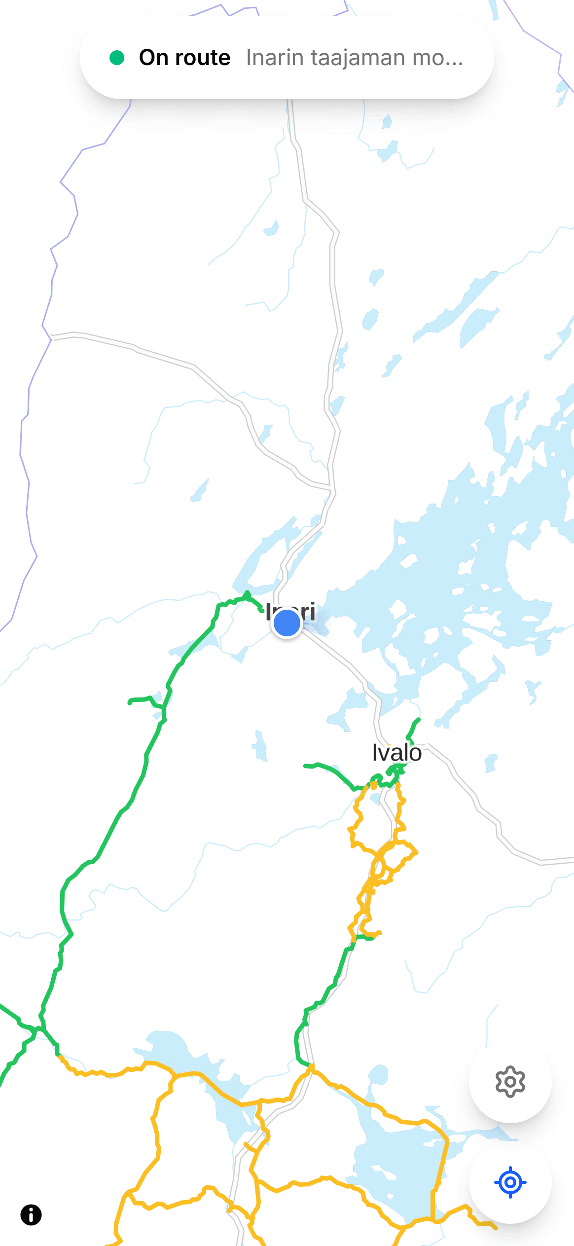 The app near Inari: the rider on the town routes, Lake Inari to the east.